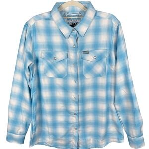 Dixxon Flannel Co Bel-Air Shirt Women Large Blue White Plaid D-Tech Snap Button